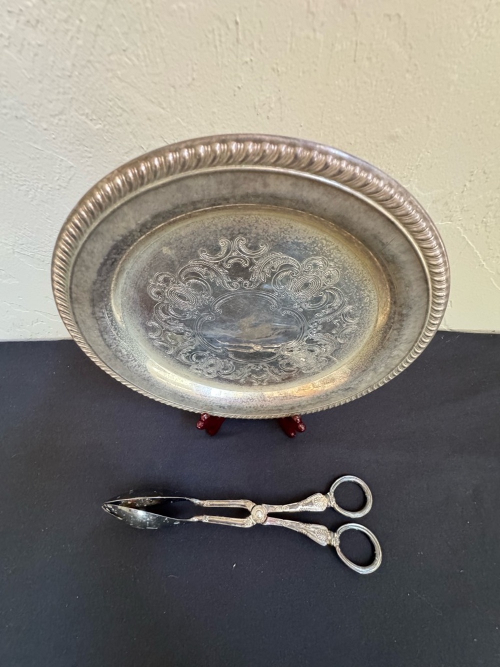 Vintage Silverplate Serving Set - 10” Castlebleu Tray & F.B. Rogers Tongs Italy